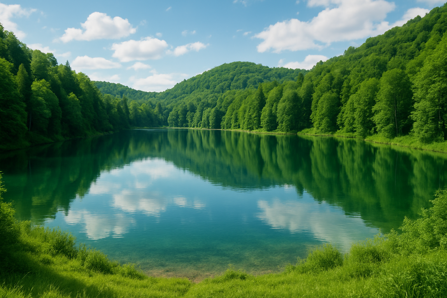 ok remove people, make the landspace with forests, image 16:9 and maybe a big lake in the middle of the image